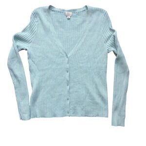 New Muted teal Ribbed Knit V-Neck Cardigan Sweater size Large Fall 2025